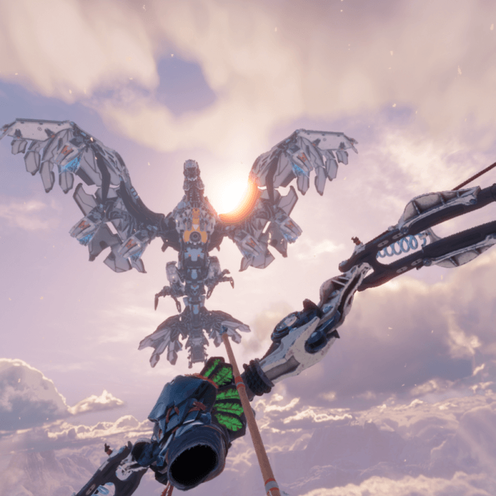 Ryas fires a bow at a Glinthawk in Horizon Call of the Mountain.