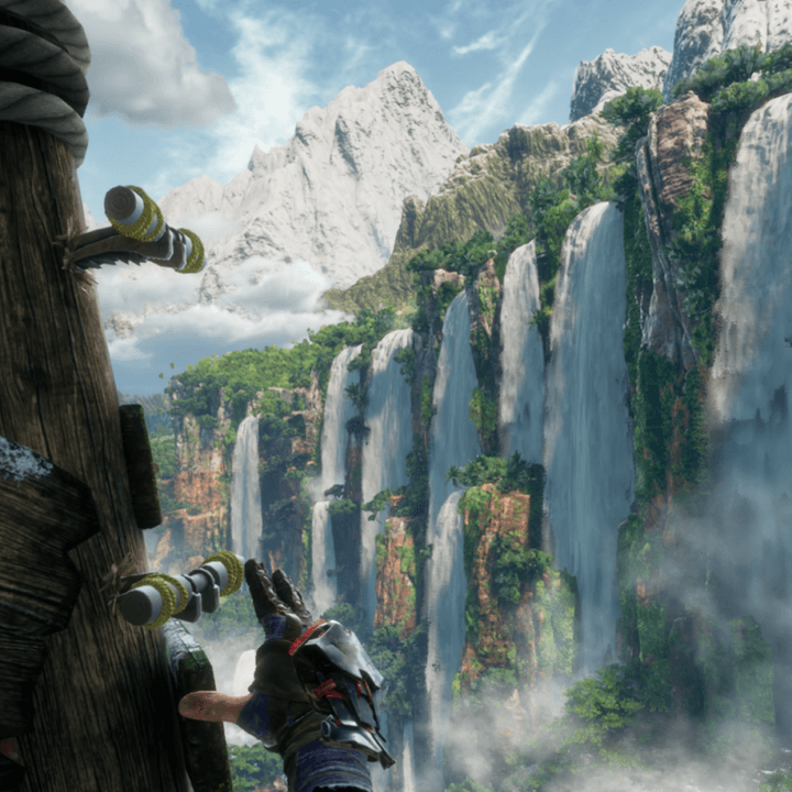 Ryas climbs a ladder and looks at a waterfall in Horizon Call of the Mountain.