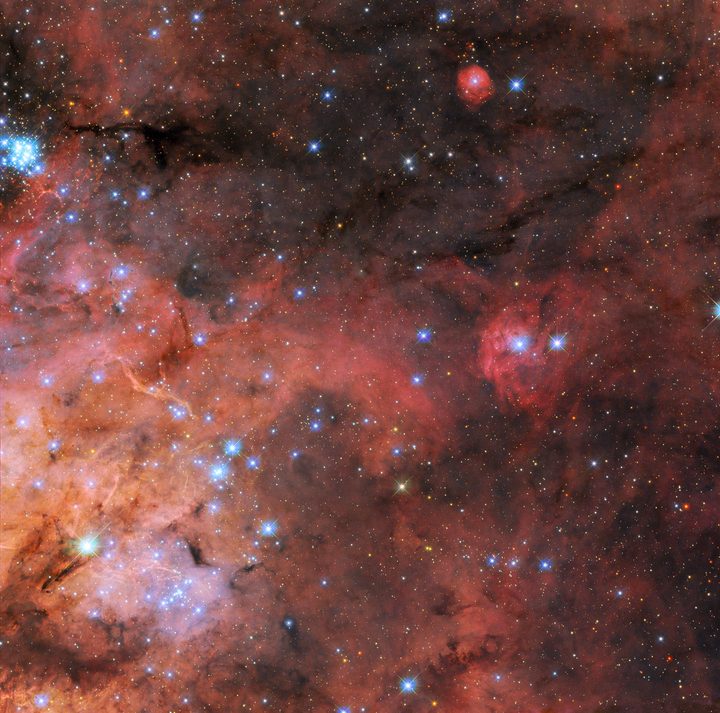 A snapshot of the Tarantula Nebula (also known as 30 Doradus) is featured in this image from the NASA/ESA Hubble Space Telescope. The Tarantula Nebula is a large star-forming region of ionized hydrogen gas that lies 161,000 light-years from Earth in the Large Magellanic Cloud, and its turbulent clouds of gas and dust appear to swirl between the region’s bright, newly formed stars.