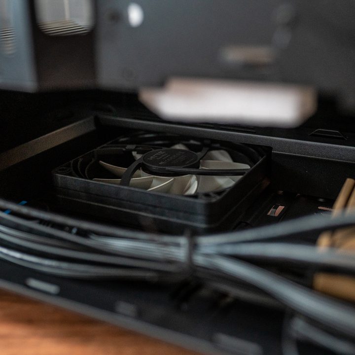 A fan installed in the bottom of the Hyte Y40 case.