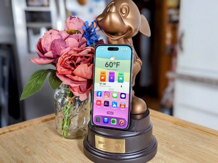 iPhone 14 Pro with custom home screen on Mickey Mouse phone holder next to flowers