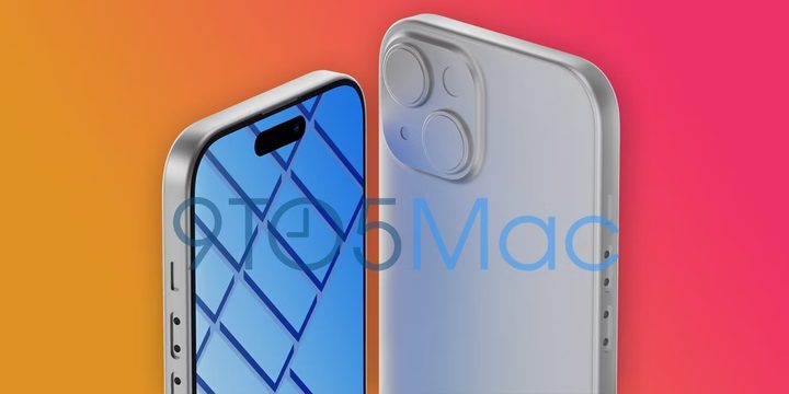 A render of the iPhone 15 from 9to5Mac showing off the dynamic island, bigger display.