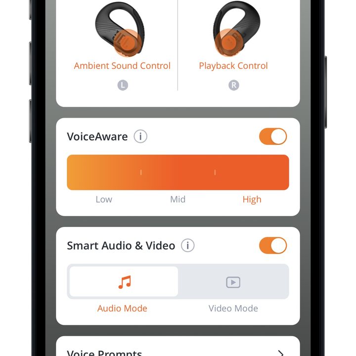 Home page lower options in the JBL Headphones app for iOS.
