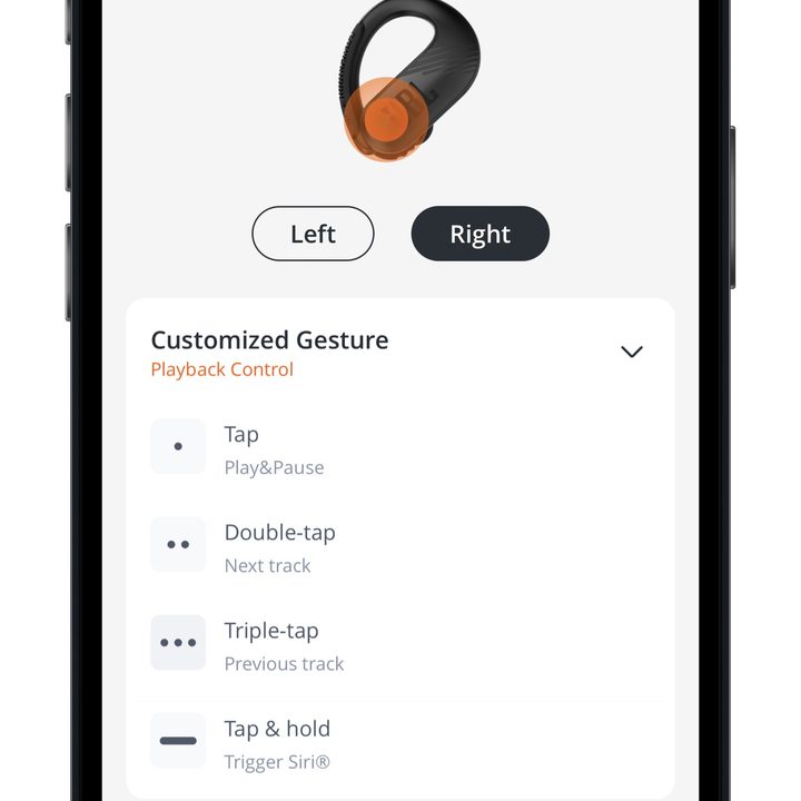 Control options in the JBL Headphones app for iOS.