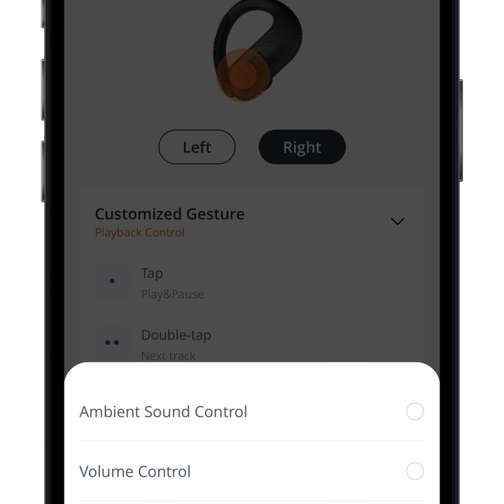 Control options dialog in the JBL Headphones app for iOS.