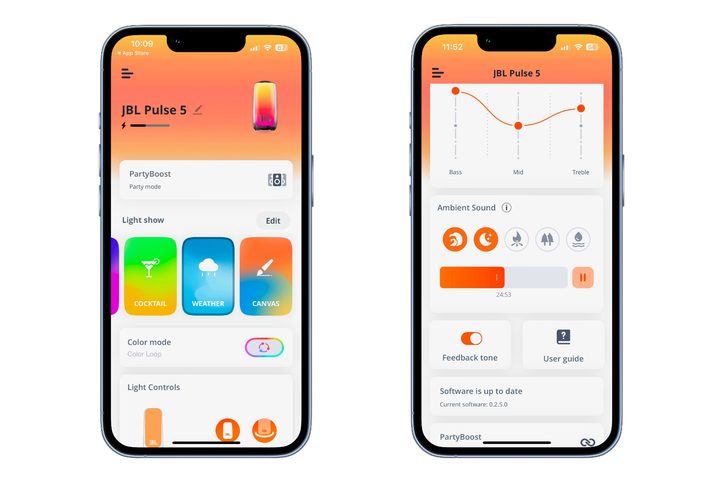 The JBL Portable app showing the LED controls and EQ options.
