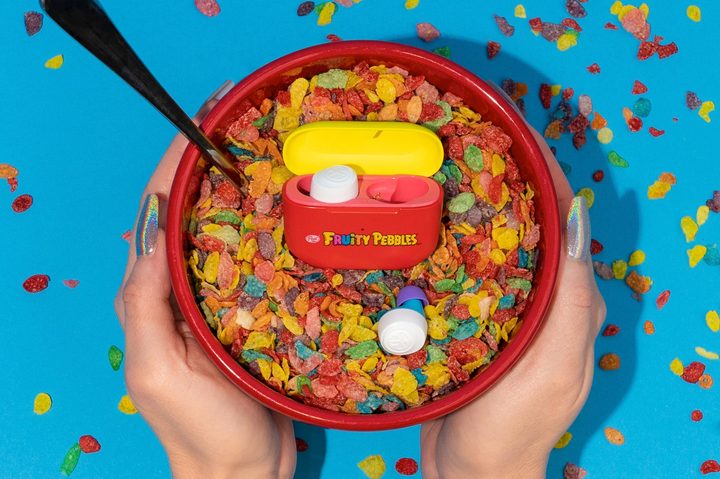 Fruity Pebbles-themed JLab Go Air Pop wireless earbuds.