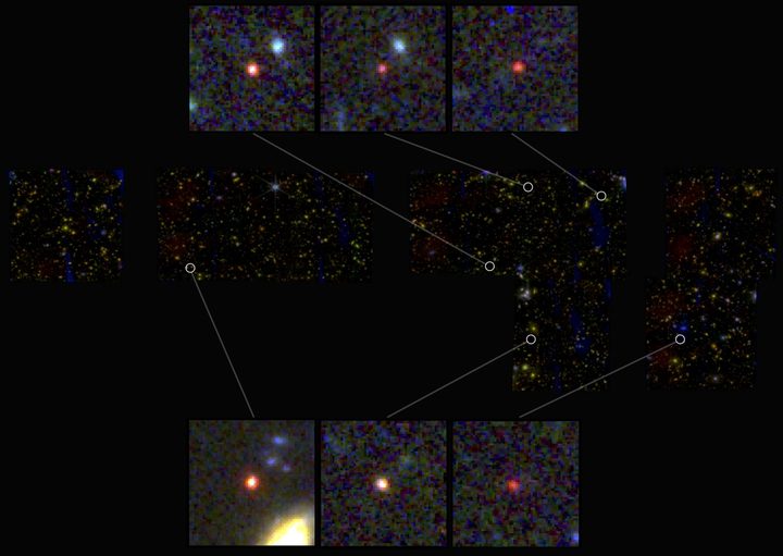 Images of six candidate massive galaxies, seen 500-700 million years after the Big Bang. One of the sources (bottom left) could contain as many stars as our present-day Milky Way, according to researchers, but it is 30 times more compact.