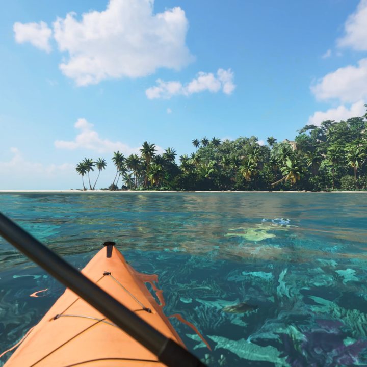 A kayak cuts through water in Kayak VR: The Mirage.