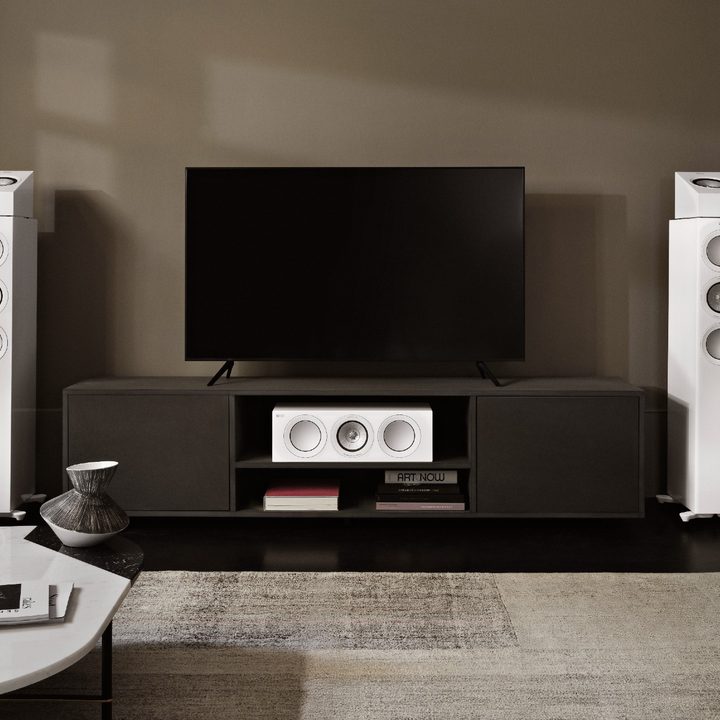EMBARGOED till Feb. 7, 2023. -- The KEF R Series Meta speakers: the R5 towers, R2 center, and R8 surround speakers.