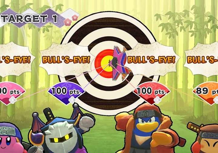 Kirby characters compete in a darts minigame in Kirby's Return to Dream Land Deluxe.