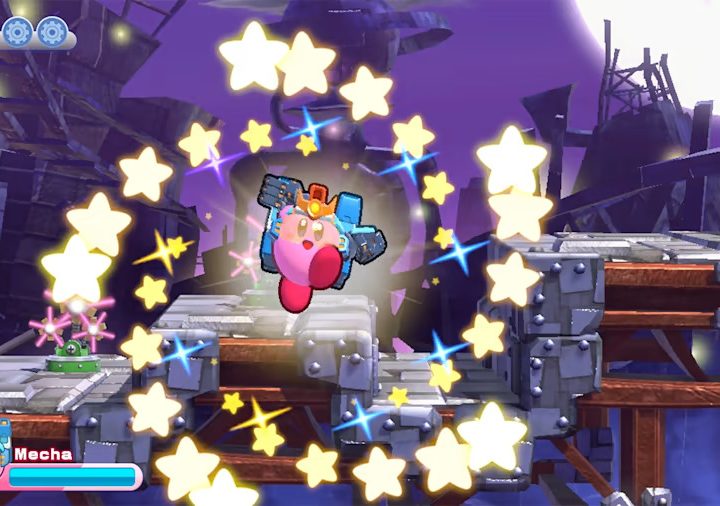 Kirby is dressed as a mech in Kirby's Return to Dream Land Deluxe.