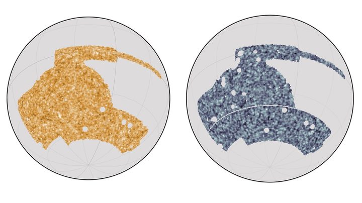 By comparing maps of the sky from the Dark Energy Survey telescope (at left) with data from the South Pole Telescope and the Planck satellite (at right), the team could infer how the matter is distributed.