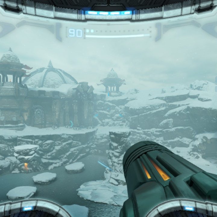 Samus stares out at Phendrana Drifts in Metroid Prime.