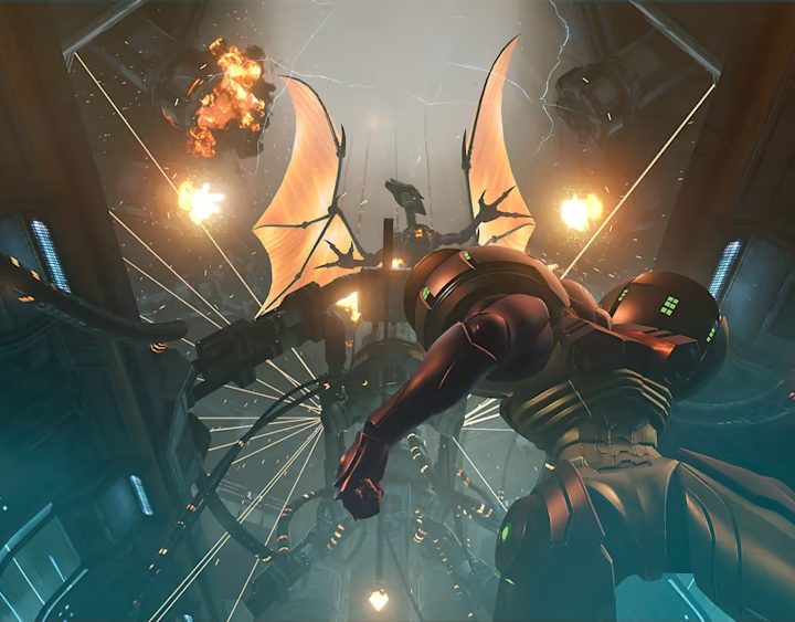 Samus stares up at Meta Ridley in Metroid Prime Remastered.