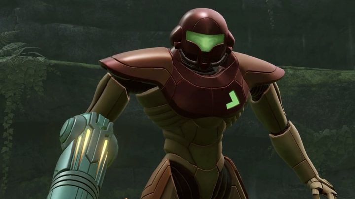 Samus Aran stands tall in Metroid Prime Remastered.