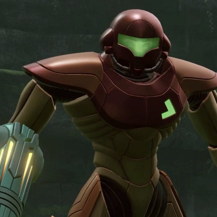 Samus Aran stands tall in Metroid Prime Remastered.