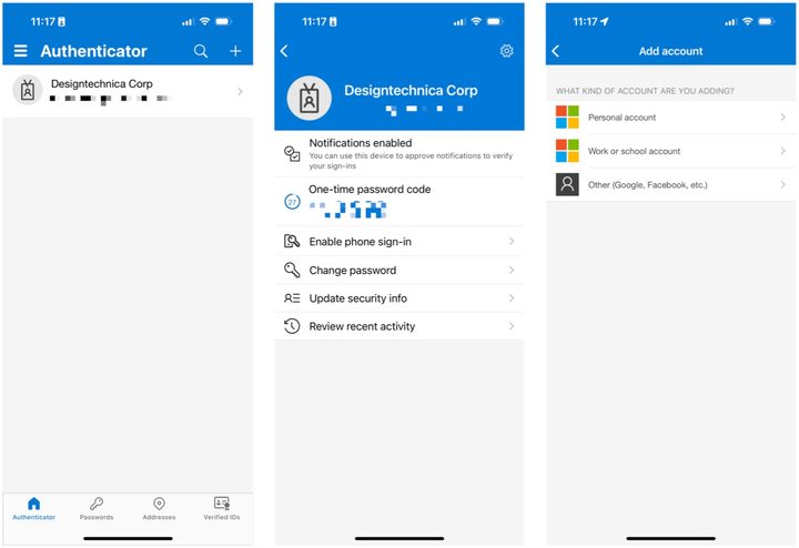 Microsoft Authenticator iOS app screenshots