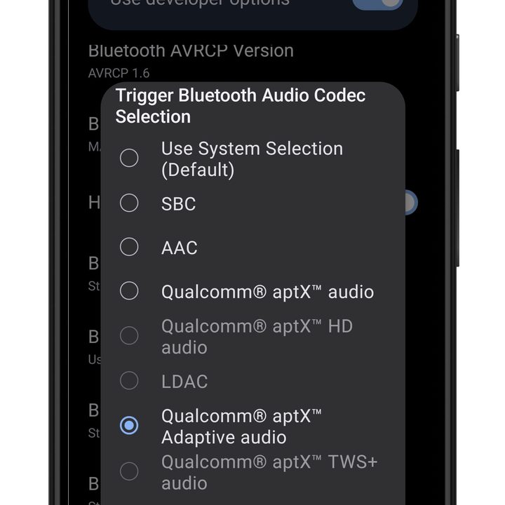 Android Bluetooth codec settings menu.