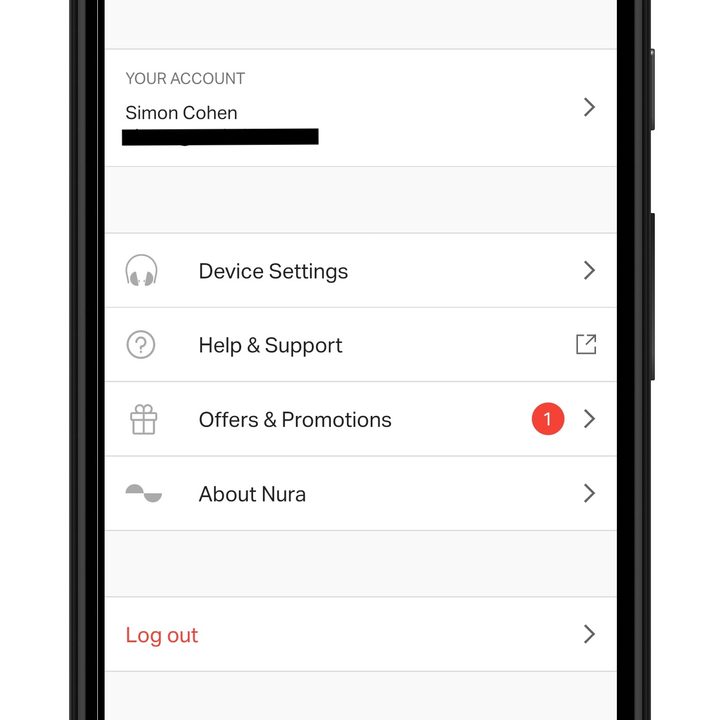 Nura app for Android main menu.