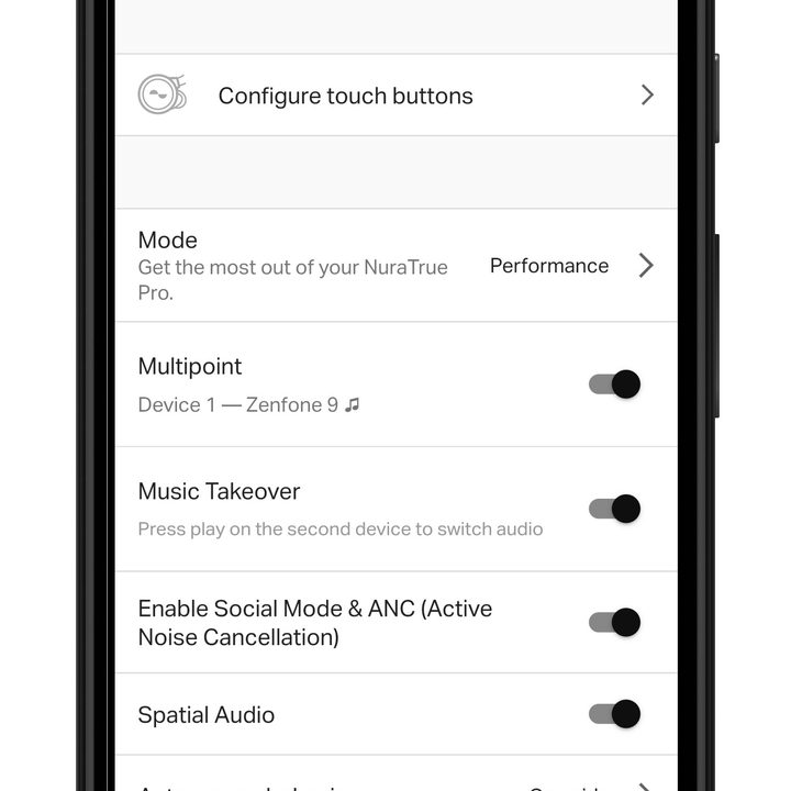 Nura app for Android device settings.