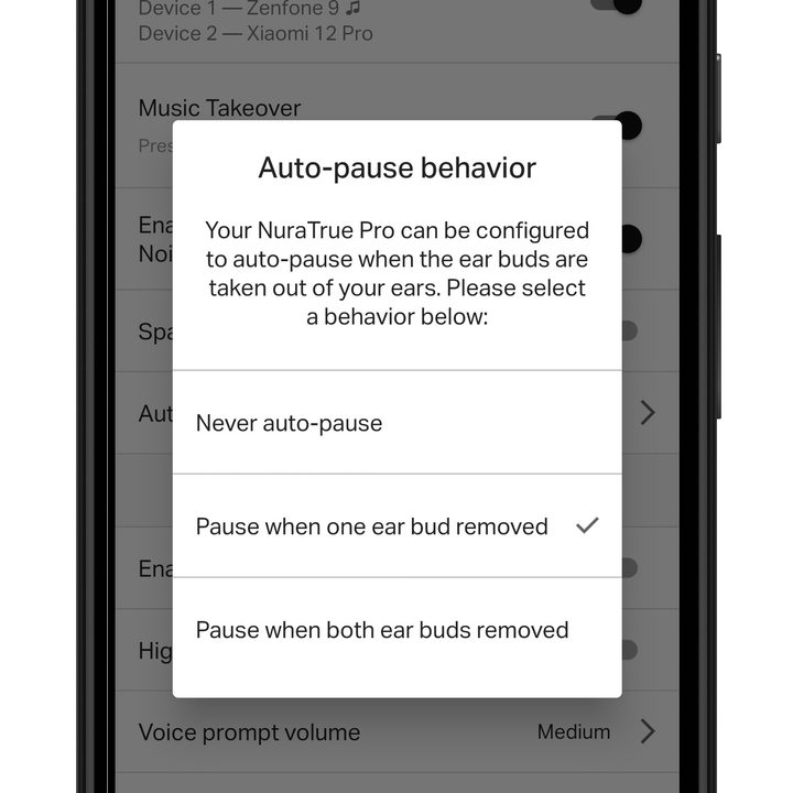 Nura app for Android auto-pause control.