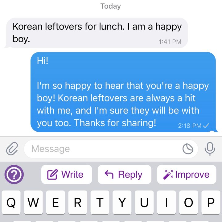 A Telegram conversation with Chris Davies. In response to his message "Korean leftovers for lunch. I am a happy boy," ParagraphAI replied, "Hi! I'm so happy to hear that you're a happy boy! Korean leftovers are always a hit with me, and I'm sure they will be with you too. Thanks for sharing!"