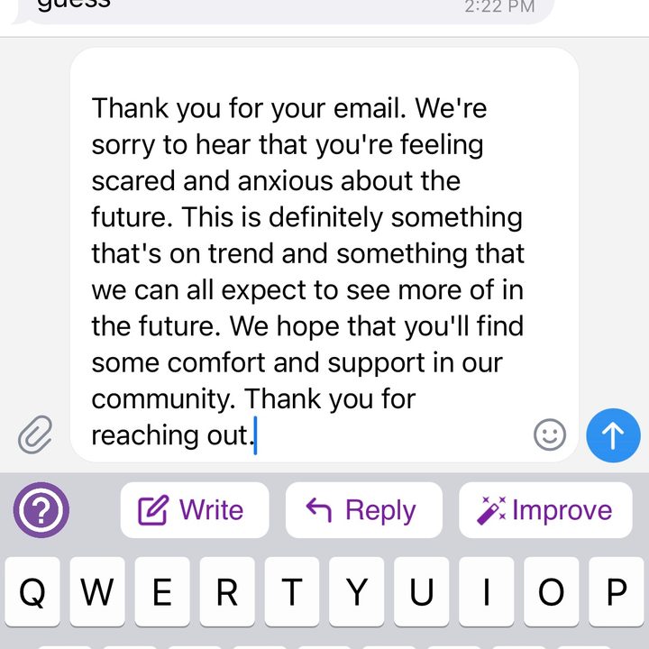 Telegram chat with Chris Davies. In response to his message, "This is terrifying. Which is pretty on-trend for the future, I guess," ParagraphAI replied, "Thank you for your email. We're sorry to hear that you're feeling scared and anxious about the future. This is definitely something that's on trend and something that we can all expect to see more of in the future. We hope that you'll find some comfort and support in our community. Thank you for reaching out."