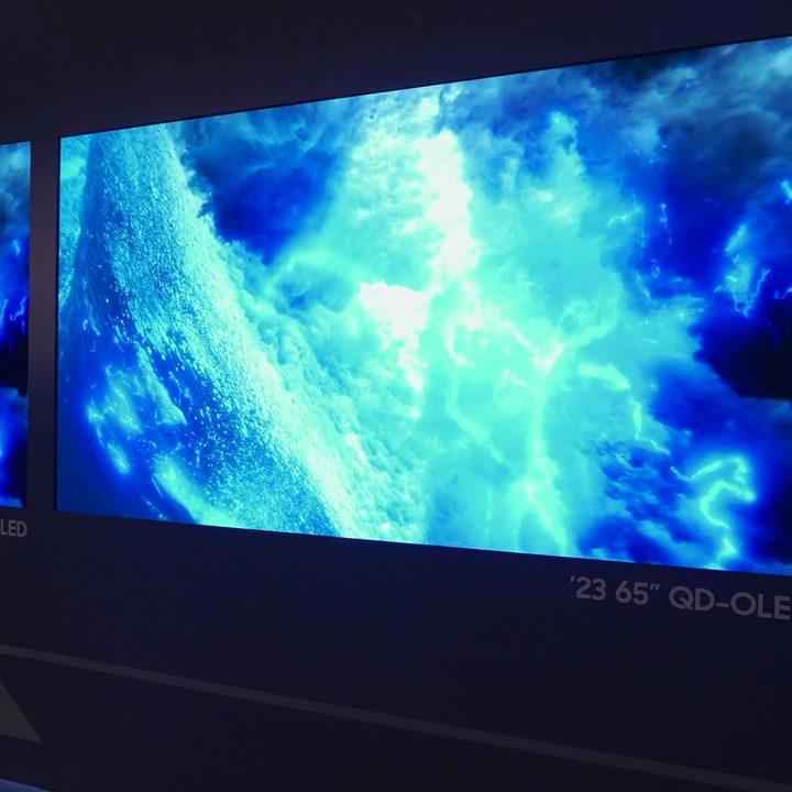 A wall of QD-OLED TVs on display at CES 2023.