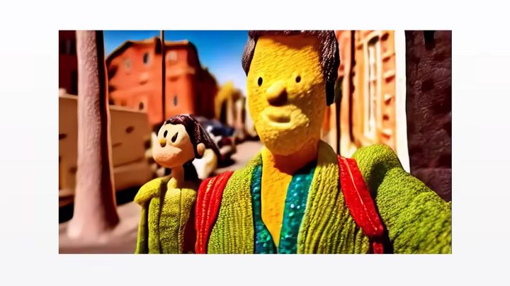 A frame from an AI-generated video in claymation style.