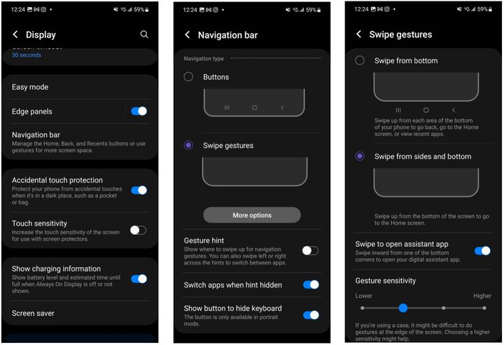 Samsung Galaxy S23 navigation bar or swipe gestures menu