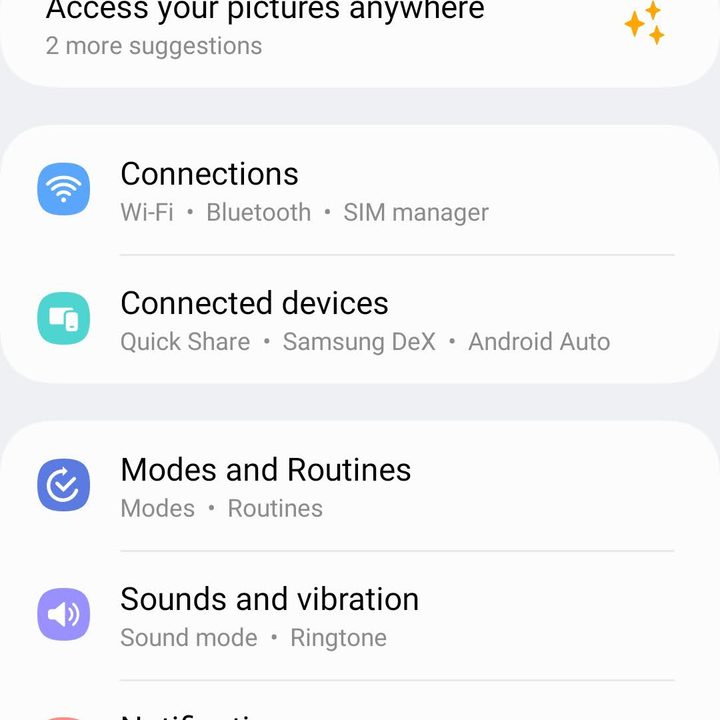 Screenshot of the Settings app on the Galaxy S23 Plus.