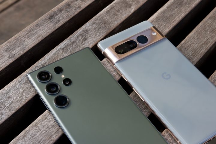 The Samsung Galaxy S23 Ultra next to the Google Pixel 7 Pro.