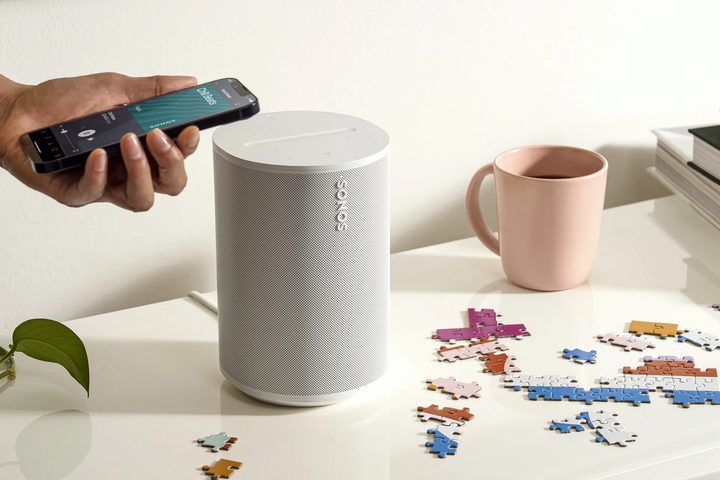 A lifestyle image of the Sonos Era 100, as leaked by The Verge.