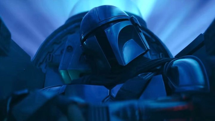 The Mandalorian in a blue background from the series on Disney+.