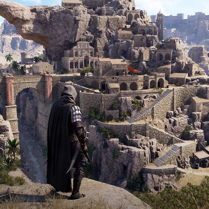 A cloaked character stares out at a village in Throne and Liberty.