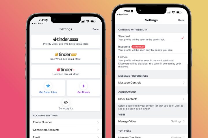 Settings in the Tinder app, showing Incognito Mode.