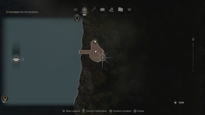 A map of a lack showing a small dock.