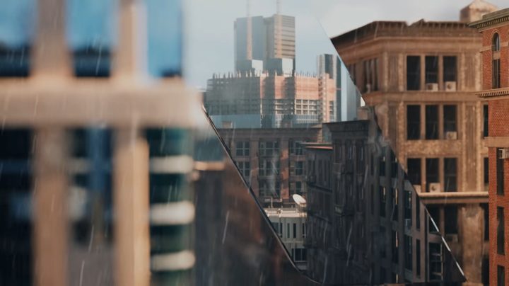 A reflection of a building being built.