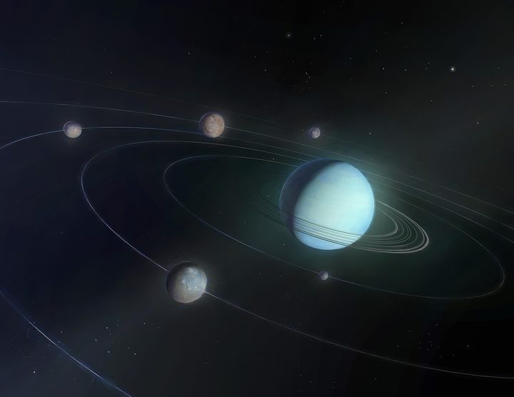 An artist’s impression of Uranus and its five largest moons (innermost to outermost) Miranda, Ariel, Umbriel, Titania and Oberon.