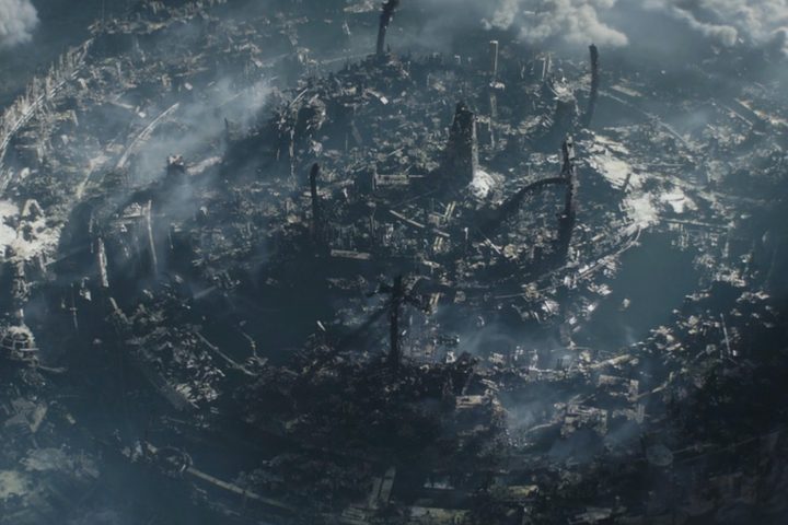 A destroyed Mandalorian city is shown from above in The Mandalorian Season 3 Episode 2.