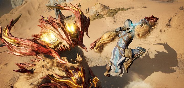 A player leaps to attack an enemy in Atlas Fallen.