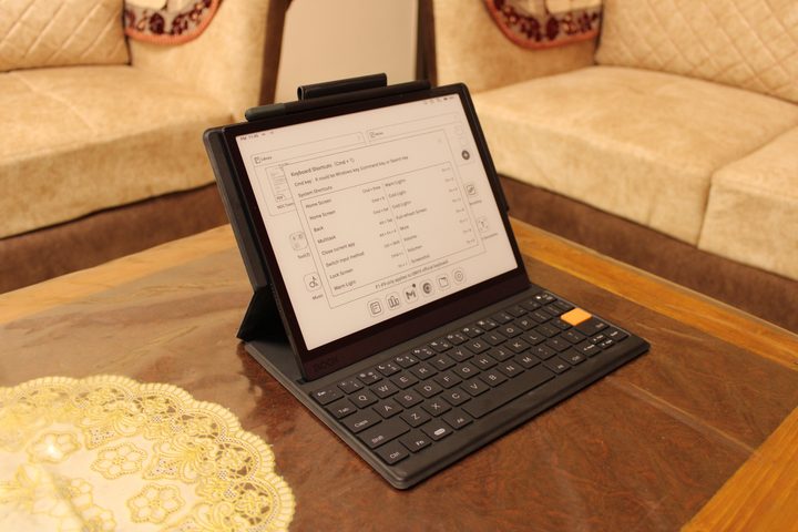 Boox Tab Ultra docked into keyboard.