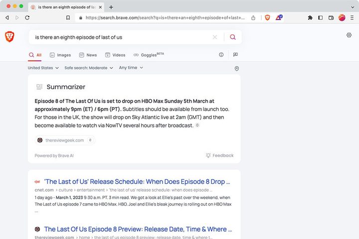 The AI-based Summarizer feature in the Brave web browser is shown in use, with it summarizing an answer to a search query about The Last of US TV show.