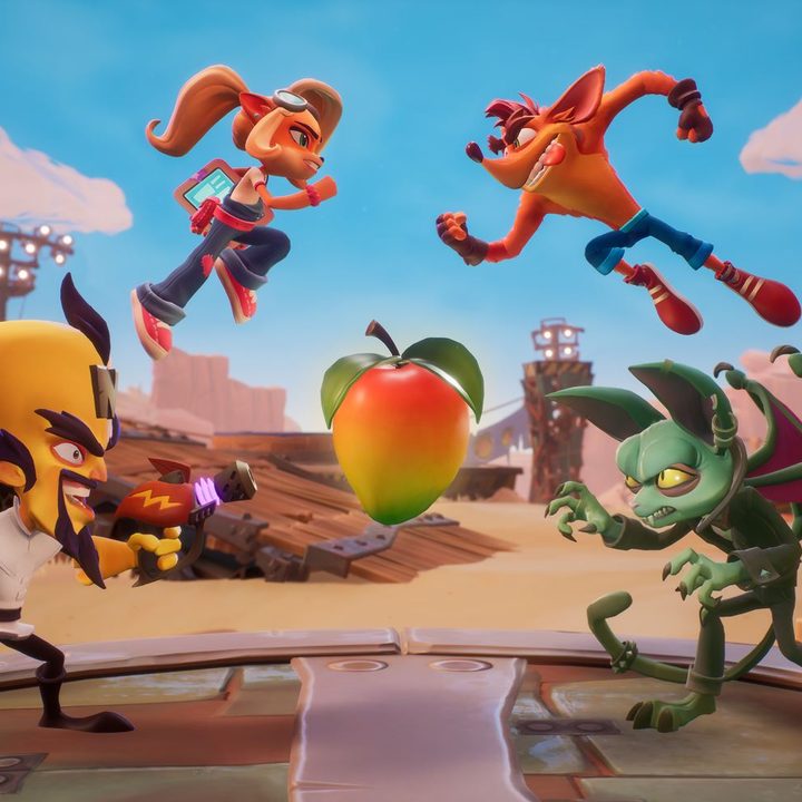 Four characters jump at each other in Crash Team Rumble