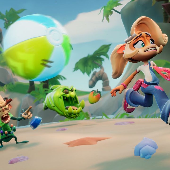 Coco runs from a beachball in Crash Team Rumble.