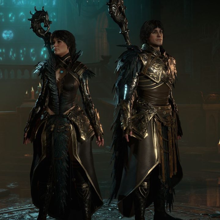 Diablo IV characters stand in a cathedral.
