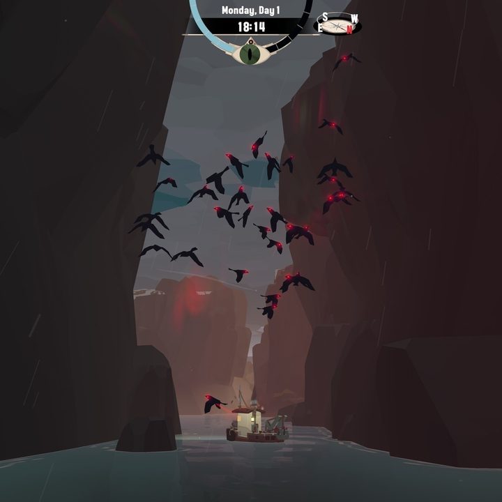 A boat sails through a passage in Dredge.
