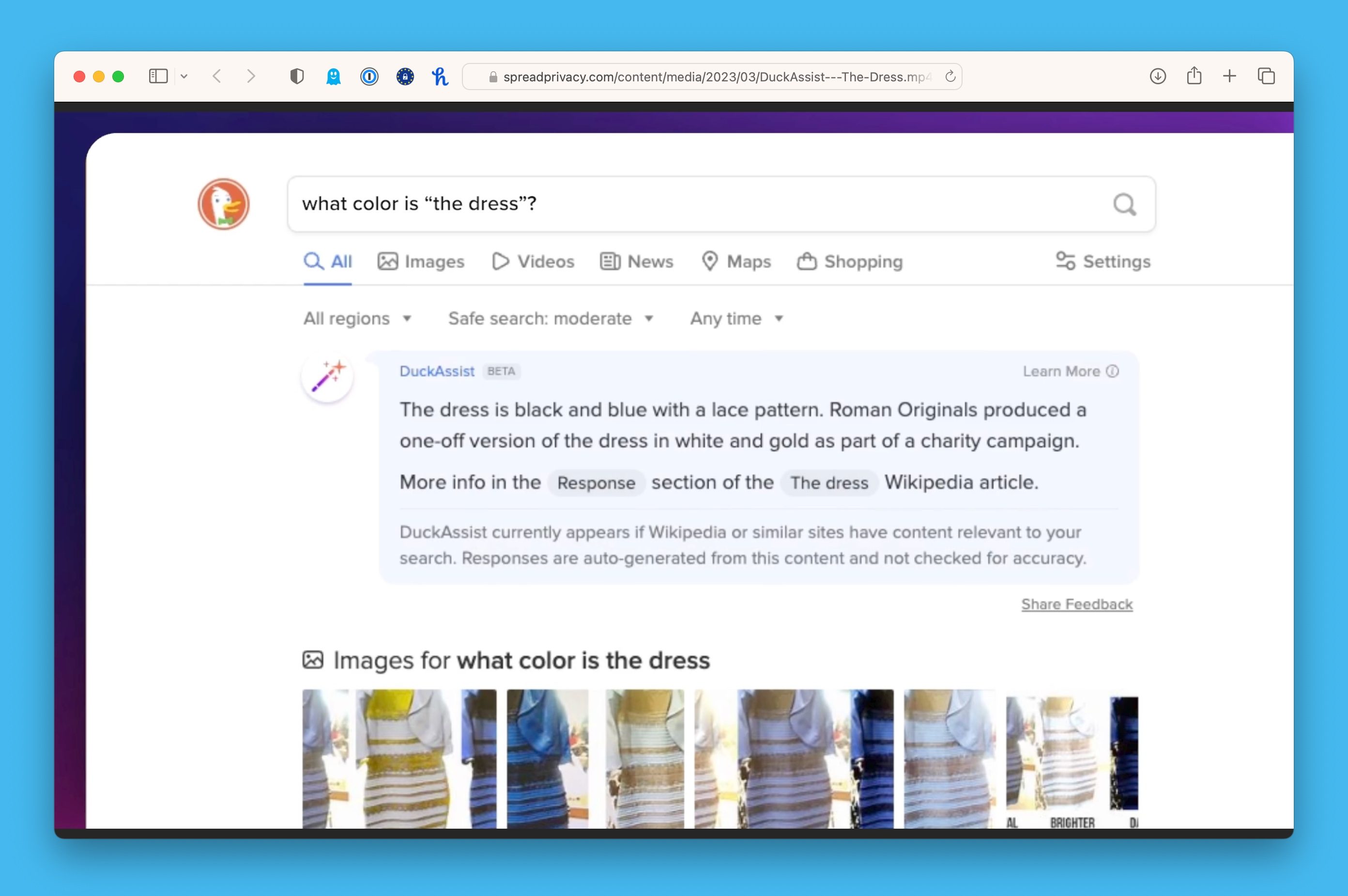 The DuckAssist tool in the DuckDuckGo web browser showing a search result with an AI-generated answer summary at the top.