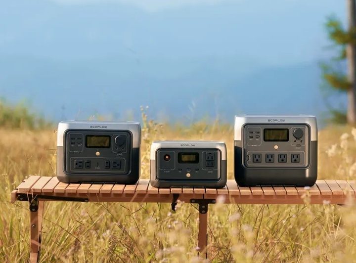 EcoFlow products including River 2 Pro on bench outside in the wilderness.